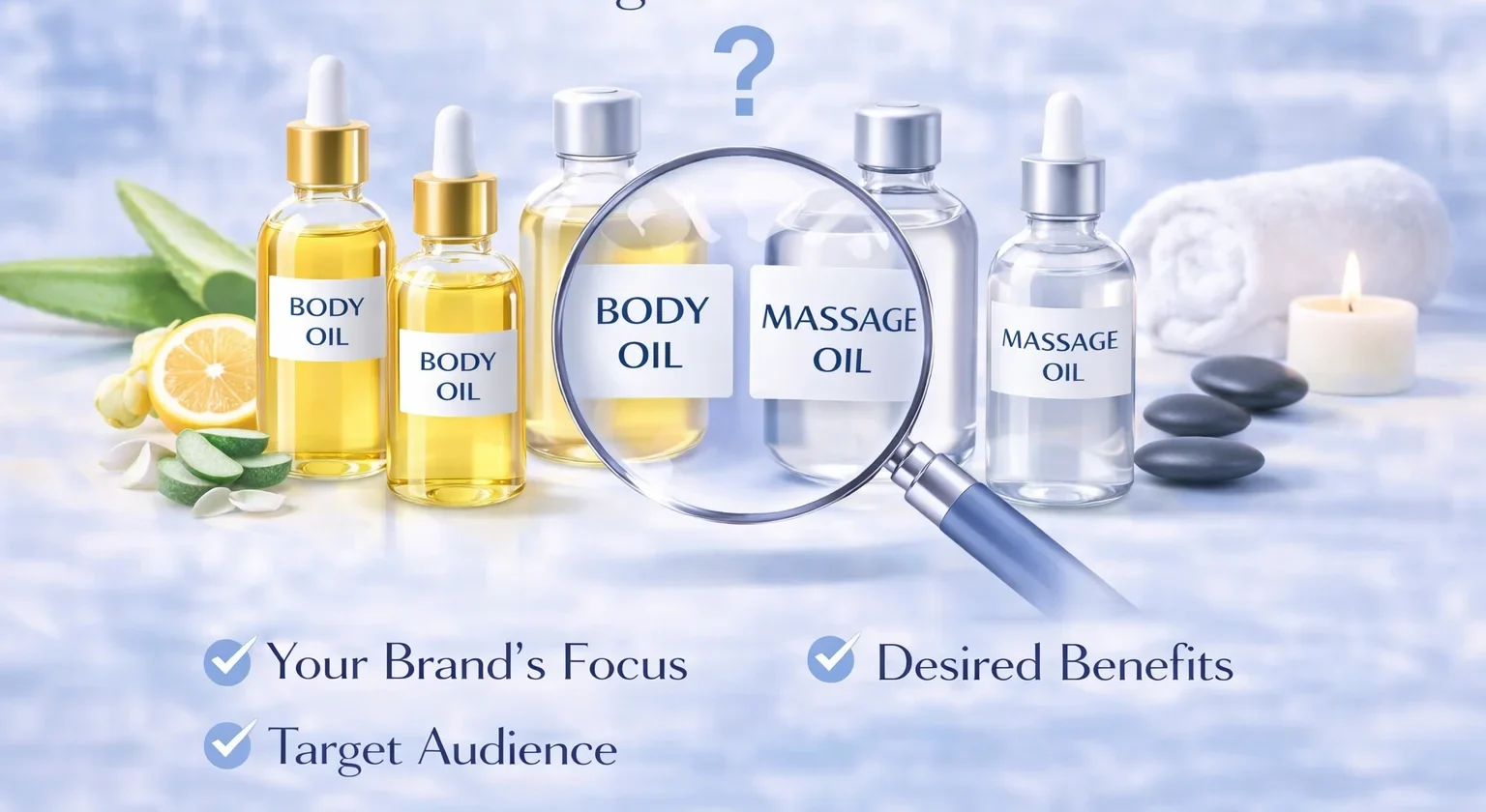 Image with body oil and massage oil bottles, surrounded by lemon slices and aloe, with text on selecting oils for brands.